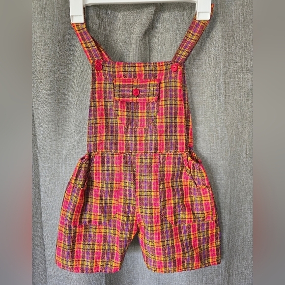 E.C.C. Ecuador Clothing Company Girls Size 6 Pink Plaid Cropped Overalls 90s - Picture 1 of 4
